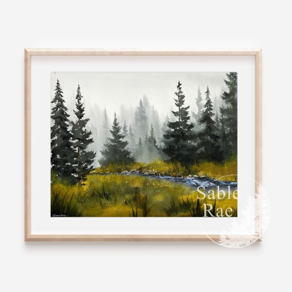 11x14”, “Wooded Wonderland No. 7” Original watercolor and gouache painting, foggy pine forest, small creek, unframed
