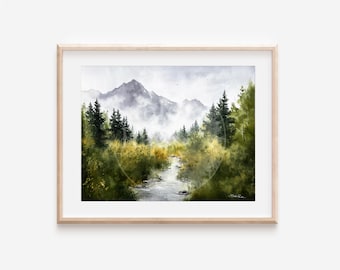35x28 cm, ‘Summers Stories No. 1’ Original Aquarell Malerei, neblige Berge und Evergreens, kleiner Fluss, Natur, ungerahmt