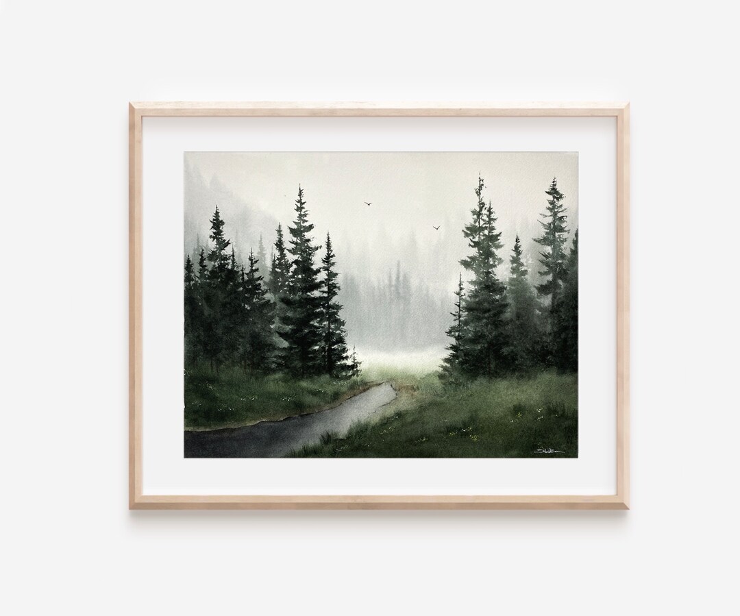 11x14 Misty Forest Pine Trees Original Watercolor Landscape - Etsy