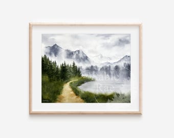 14x11”, ‘Sentieri di montagna n. 3’ Dipinto originale ad acquerello, montagne nebbiose e sempreverdi, paesaggio lacustre suggestivo, senza cornice
