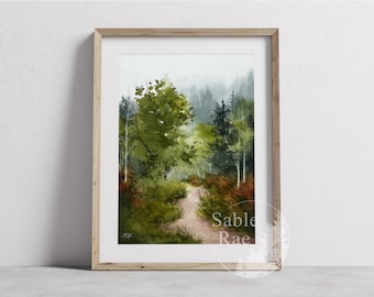 Acuarela original de 5x7 pulgadas, «Viajes de primavera n.° 3», sendero natural con niebla y árboles de hoja perenne, pequeña obra de arte para oficina, sin enmarcar.