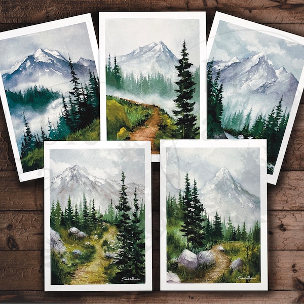 Adventure Collection, folded blank notecards and envelopes, 5 assorted watercolor nature greeting cards, mountains, fog, forest any occasion