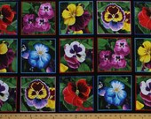 23.5 quot X 44 quot Panel Lovely Pansies Flowers 15 Squares Black Cotton Fabric Panel