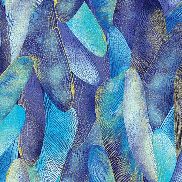 Dragonfly Dance~Gilded Wings-Cobalt Blue Cotton Fabric By Benartex