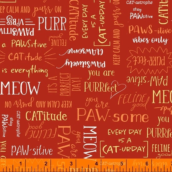 Purrfect Day Purrfect Words on Black Cotton Fabric by The Yard by Windham Fabrics