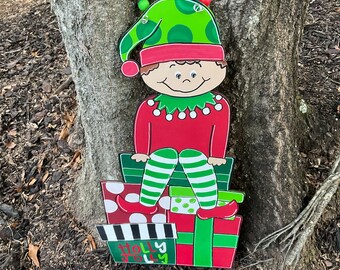 Handmade Christmas Elf Door Hanger: Painted Wood Holiday Decor