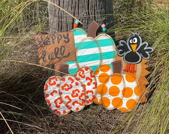Handmade Pumpkin Fall Door Hanger with 3D Crow