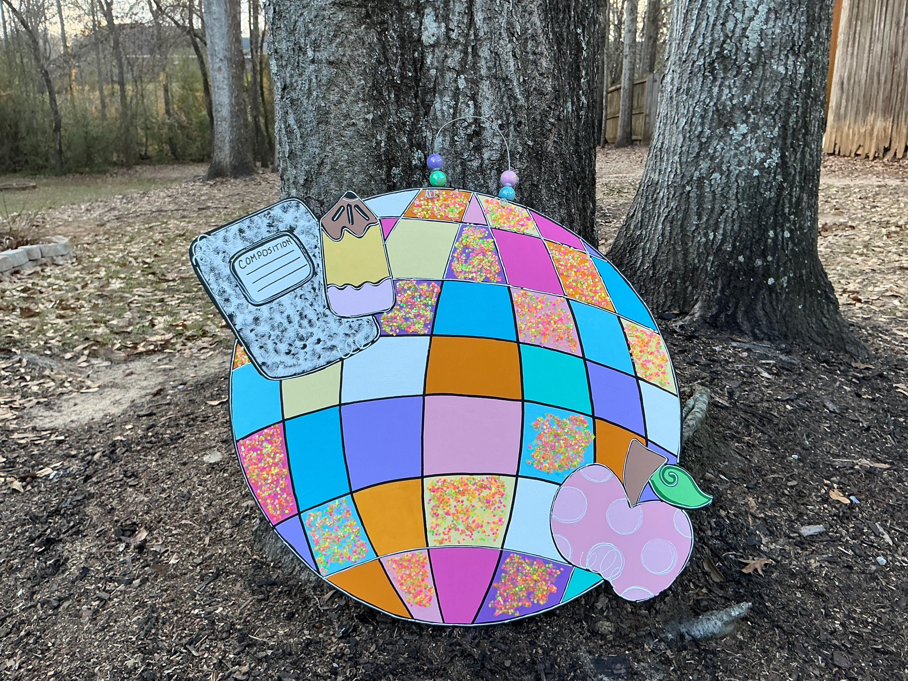 Personalized Teacher Door Hanger: Pastel Disco Ball Wreath