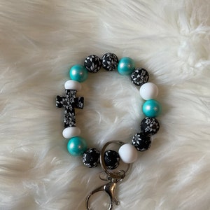 Floral Cross Wristlet, Silicone Wristlet, Beaded Wristlet, Religious Wristlet, Cross Keychain