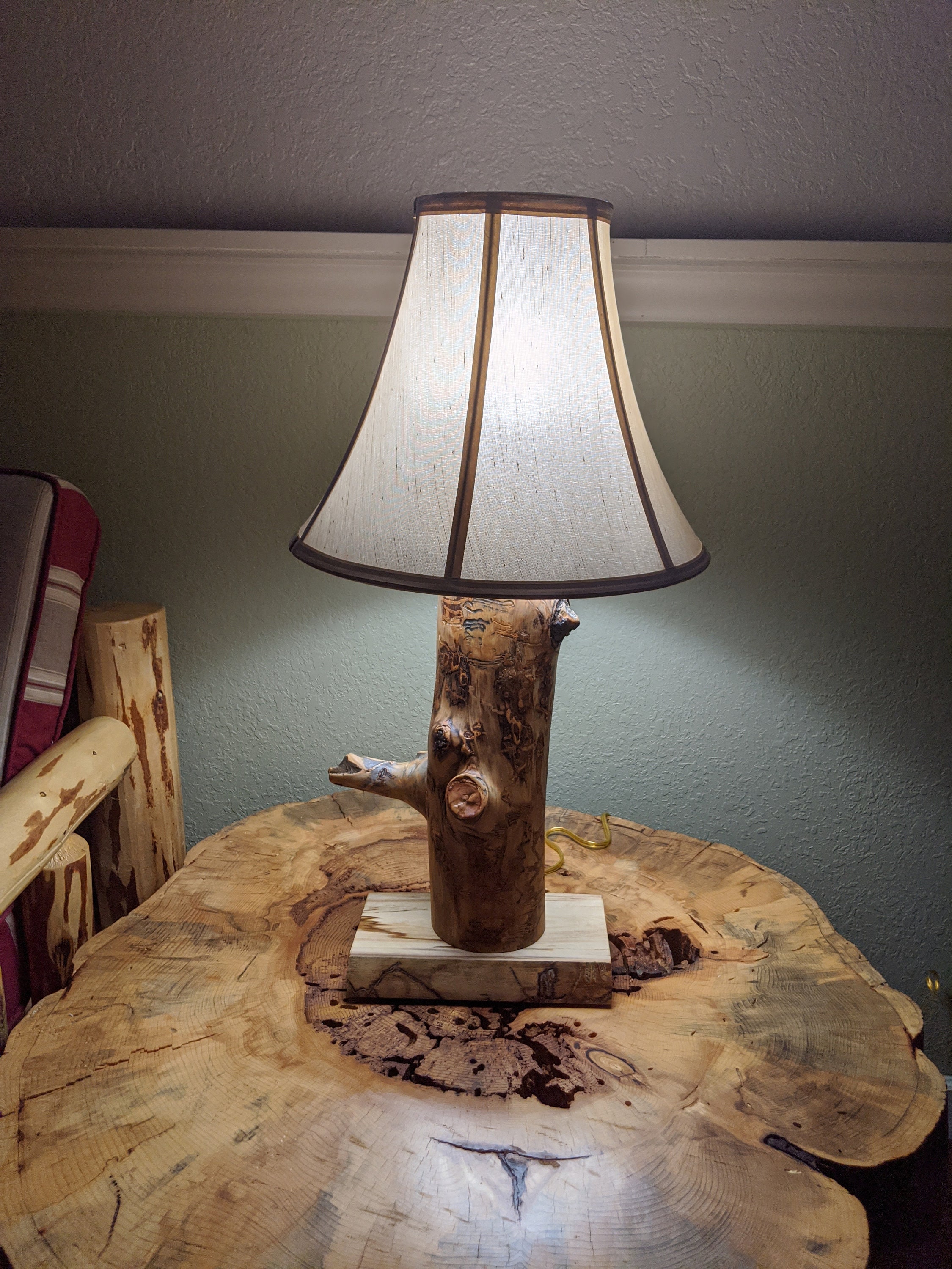 TABLE LAMP Hand Crafted Old WOOD TREE LOG Beam Worm Holes Rustic Decor