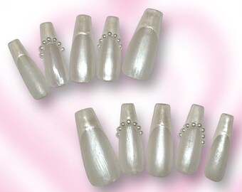 Ready To Ship - Long Coffin Matte White Iridescent Chrome Pearl French Tip Press On Nails Size Large