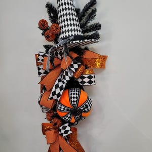 Halloween witch themed swag, Fall wreath, Halloween home décor, Black and Orange door hanger