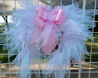Pink and white angel wings wreath, Gravesite wreath, Memorial angel wings, Angel wing door hanger