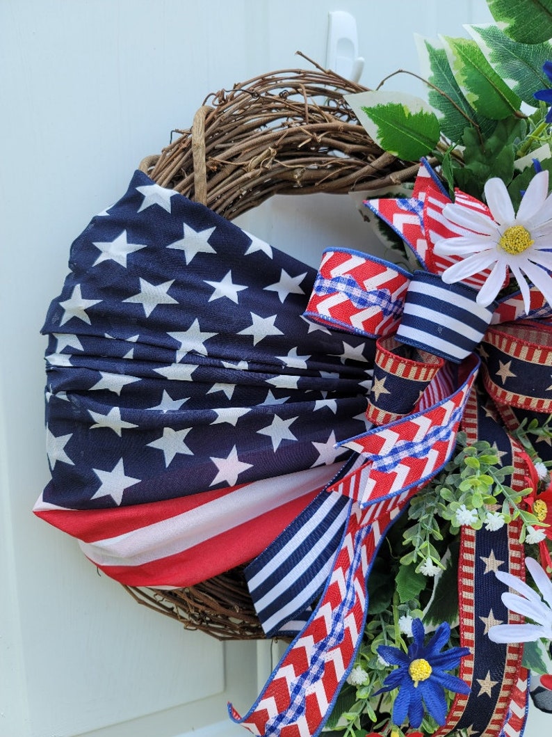 Patriotic Wreath With a Flag Printed Scarf Accent, USA Red White and ...