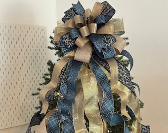 Christmas Tree Topper, Christmas Bows, Christmas Decor, Navy Blue & Gold Bow, Happy Holiday Bow, Beige And Navy Blue Bow, Tree Topper