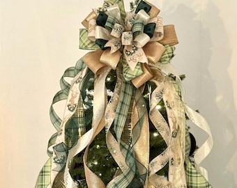 Christmas Tree Topper, Reindeer, Gold and Green Farmhouse Bow