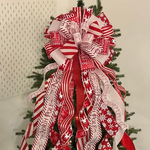 Candy Cane Tree Topper, Candy Cane Lane Bow, Red & White Bow, Christmas Tree Topper, North Pole Bow, Snowflakes And Reindeer Bow, Xmas Bow