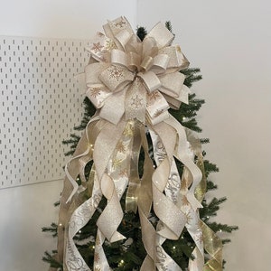 Merry Christmas Tree Topper, Christmas Bow, Gold & Ivory Bow, Christmas Decor, Snowflakes Themed Bow, White Christmas, Merry Christmas Bow