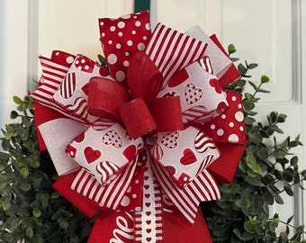 Heart Themed Valentine's Day Wreath Bow, Red and White