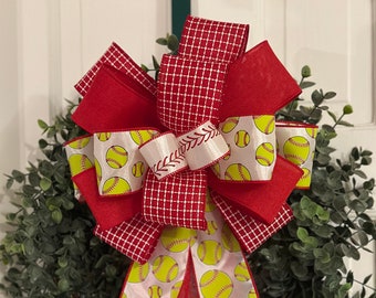 Handmade Softball Bow, Red and White, Wreath Decor