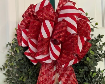 Candy Cane Lane Bow, Red & White Bow, Christmas Bow, Christmas Decor, Wreath Bow, Lantern Bow, Door Hanger, Mailbox Bow, Home Decor