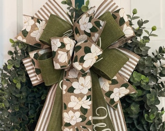 Welcome Bow, Magnolia Flowers, Farmhouse Style Bow, Wreath Bow, Lantern Bow, Mailbox Bow, Door Hanger, Home Decor, Green & Beige Bow