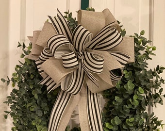 Farmhouse Style Bow, Door Hanger, Lanter Bow, Wreath Bow, Mailbox Bow, Home Decor, Stripes, Farmhouse Bow