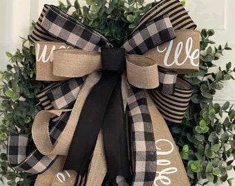 Beige/Black Farmhouse Style Bow, Welcome Bow, Farmhouse Style Bow, Wreath Bow, Home Decor, Farmhouse Decor, Black & Beige Bow