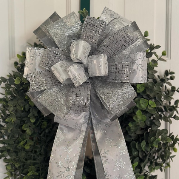 Silver Snowflake Christmas Bow, Handmade Wreath Decor