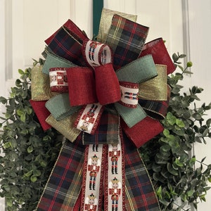 Nutcracker Bow, Christmas Bow, Plaid Bow, Wreath Bow, Lantern Bow, Christmas Decor, Door Hanger, Mailbox Bow, Burgundy & Gold Bow, Xmas Bow