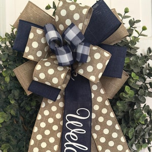 Welcome Bow, Door Hanger, Lantern Bow, Wreath Bow, Home Decor, Polka Dots Bow, Farmhouse Style Bow, Plaid Bow, Navy Blue & Beige Bow