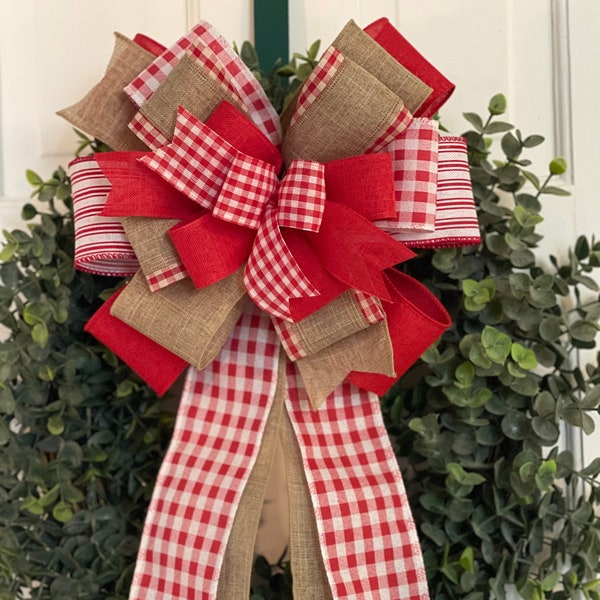 Red & Beige Bow, Farmhouse Bow, Plaid And Stripes Bow, Wreath Bow, Lantern Bow, Door Hanger, Home Decor, Farmhouse Decor, Mailbox Bow