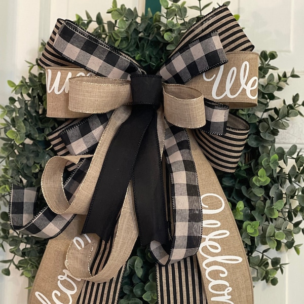 Beige/Black Farmhouse Style Bow, Welcome Bow, Farmhouse Style Bow, Wreath Bow, Home Decor, Farmhouse Decor, Black & Beige Bow