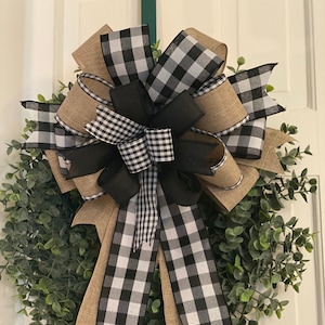 Buffalo Plaid Bow, Door Hanger, Lantern Bow, Wreath Bow, Farmhouse Bow, Home Decor, Black & White Bow, Home Accents, Black And Beige Bow