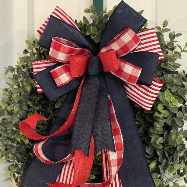 Red White & Blue Bow, USA Farmhouse Style Bow, Patriotic Bow, Wreath Bow, Lantern Bow, Door Hanger, Home Decor, Mailbox Bow