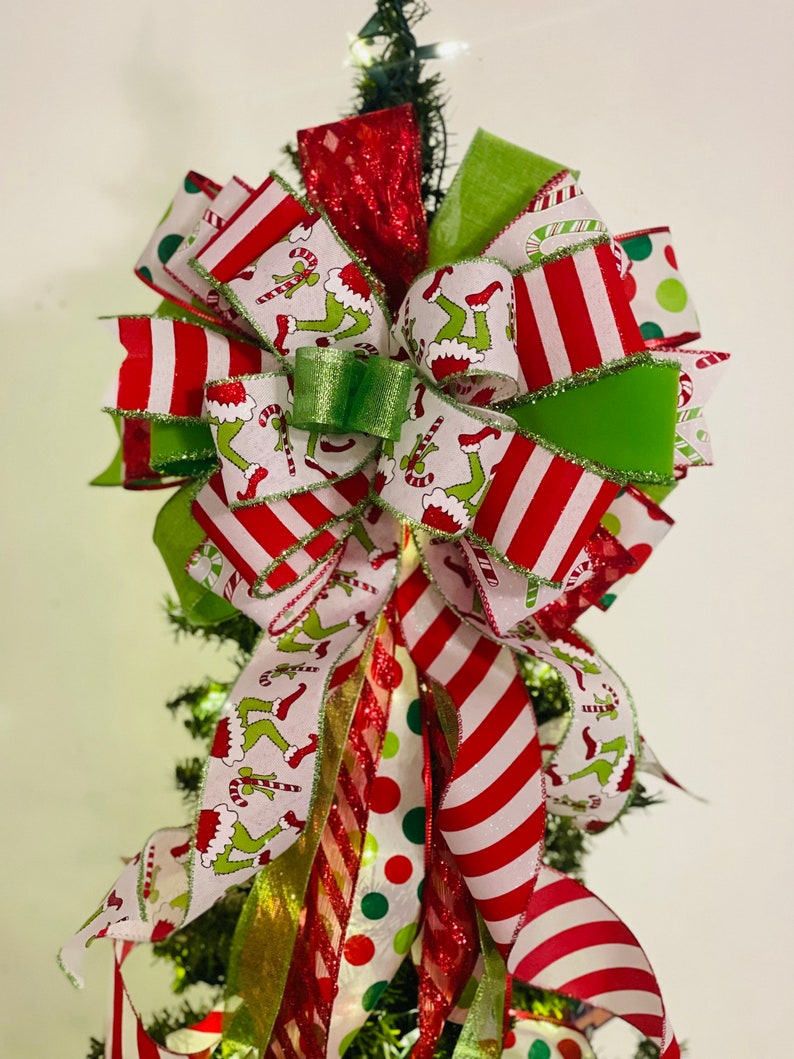 Merry Grinchmas Bow Grinch Tree Topper Grinchmas Tree Etsy
