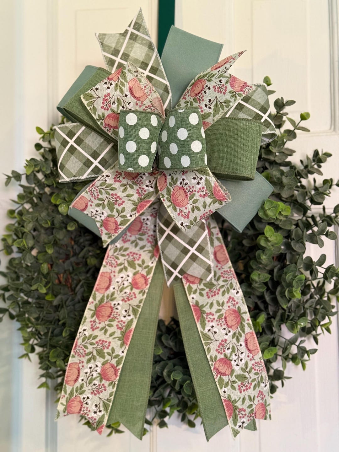 Handmade Spring Bow, Pink Floral, Green Plaid, Wreath Decor - Etsy