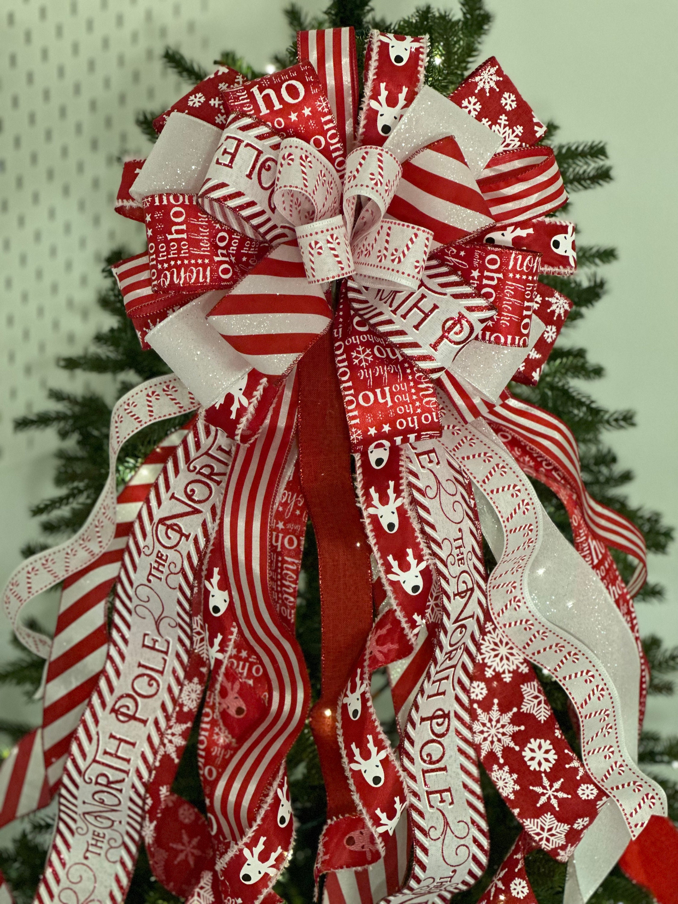 Candy Cane Christmas Tree Topper, Red and White Bow - Etsy
