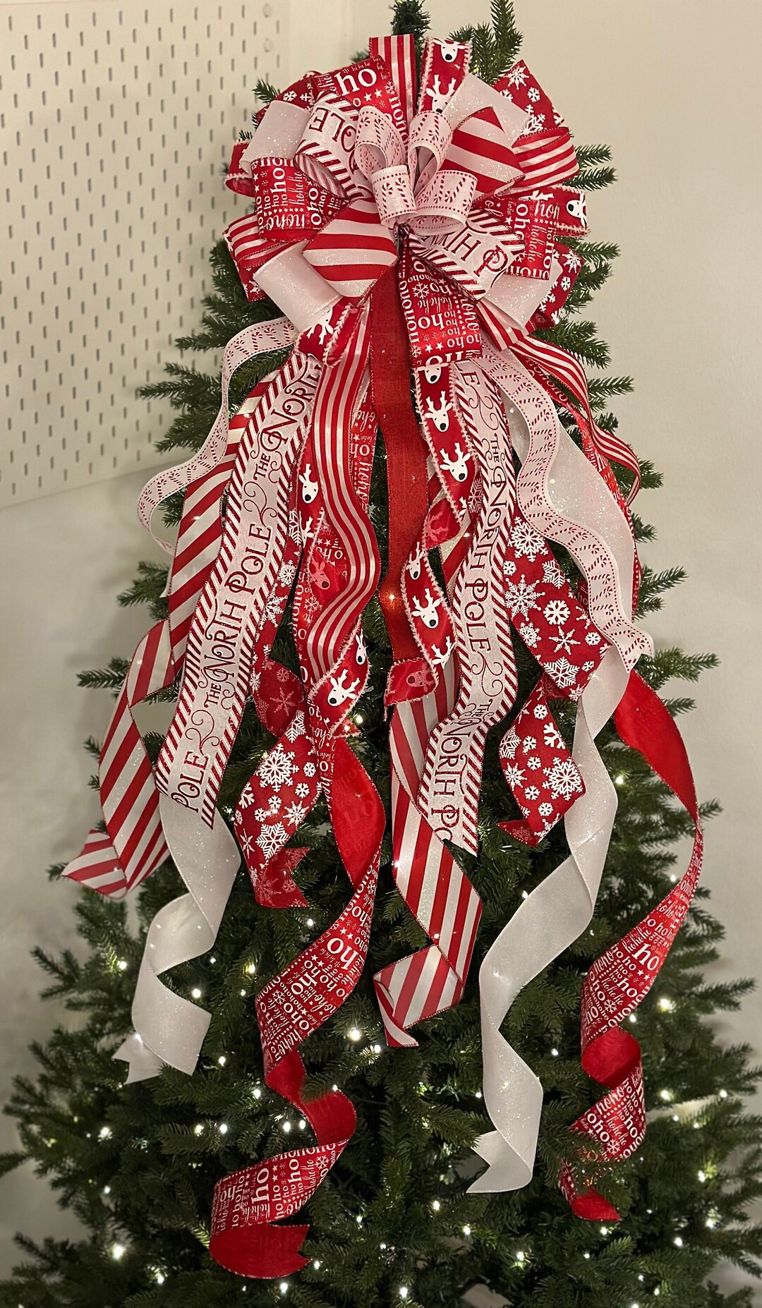 Candy Cane Christmas Tree Topper, Red and White Bow - Etsy
