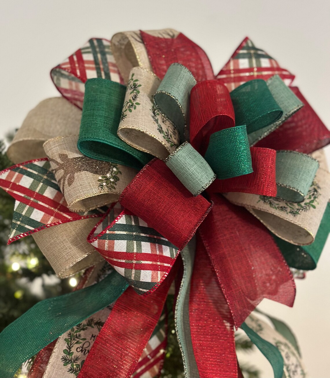 Handmade Christmas Tree Topper Bow, Red, Green, and Beige Ribbons - Etsy