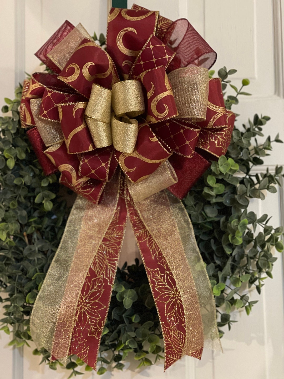 Gold & Burgundy Christmas Bow Swirls and Poinsettias Wreath Etsy