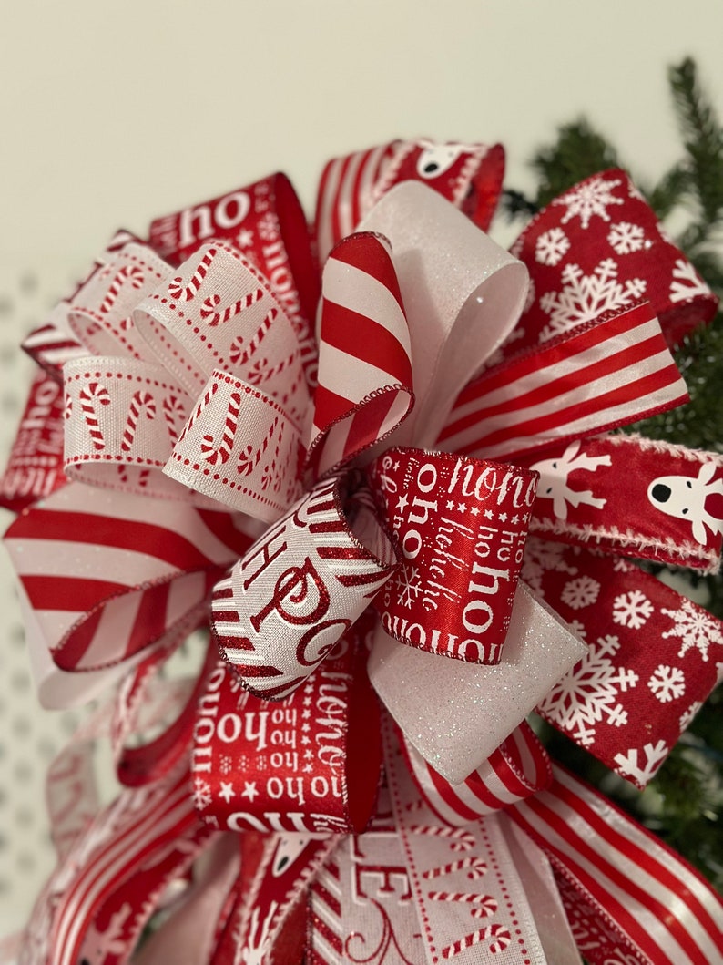 Candy Cane Christmas Tree Topper, Red and White Bow - Etsy