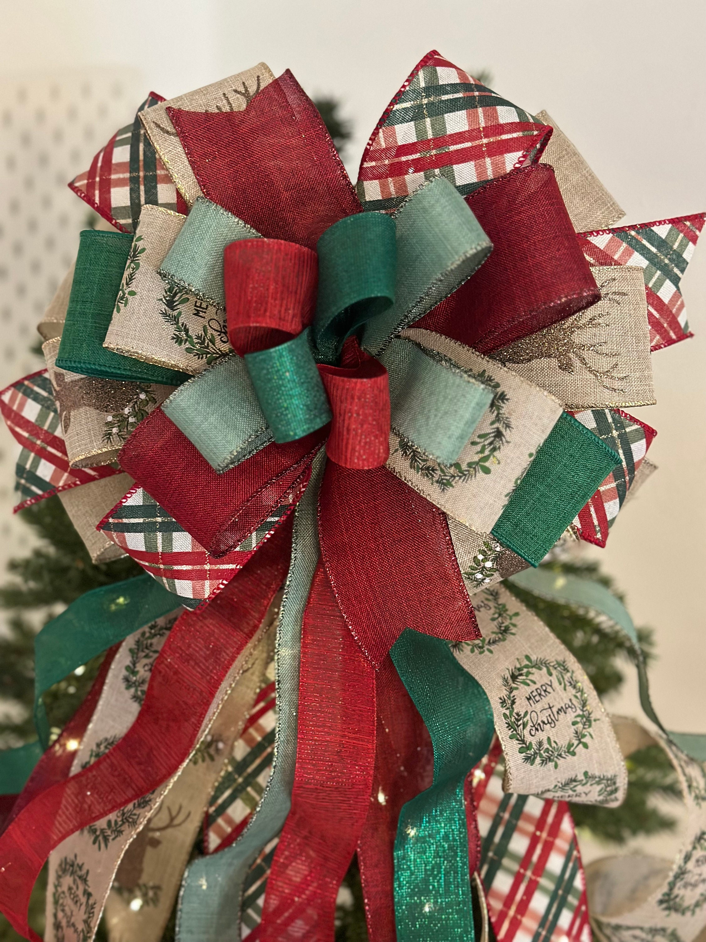 Handmade Christmas Tree Topper Bow, Red, Green, and Beige Ribbons - Etsy
