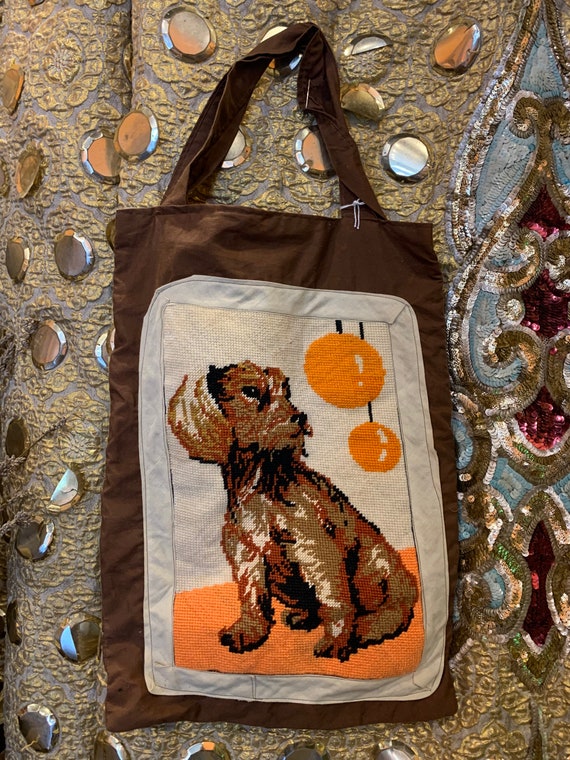 Retro kitsch Handmade tote with dog Tapestry panel