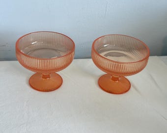 Vintage Foundry Ribbed Yellow Peach 6oz Glass Pedestal Cup Set of 2 Glassware Drinkware Serving Decor