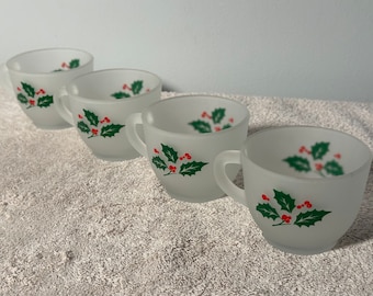 Vintage Christmas Holiday Frosted Glass Holly Berry Design Coffee / Tea Mug / Hot Cider Cup set of 4