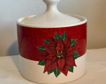 Vintage Oneida kitchen red and white poinsettia design Sugar Bowl with Lid Office, Home, and Kitchen cooking Serving Decor