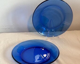 Vintage Princess House 7 1/2 Inch Heritage Blue Glass Salad plate Dessert Plate Set of 2 Glassware Cookware Serving Decor