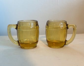 Vintage Hazel Atlas Amber Barrel Finger Handle Shot Glass Toothpick Holder Set of 2 Office Home and Kitchen Serving Glass Drinkware Decor