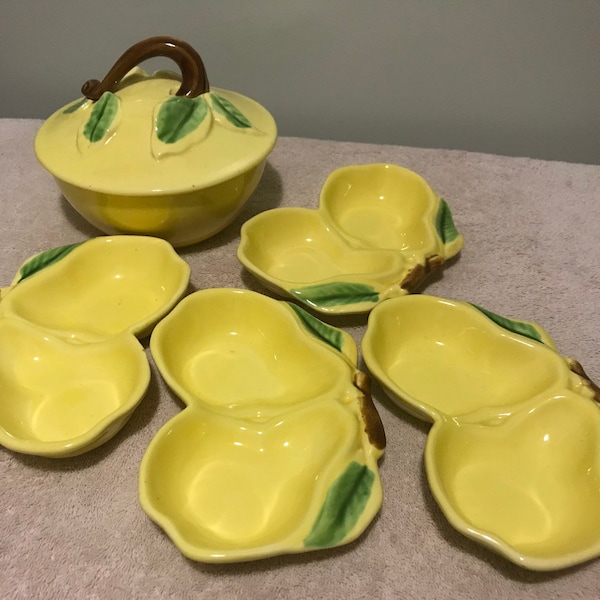 Vintage 1940’s Belmar of California Pottery pear & leaf yellow set home and kitchen decor